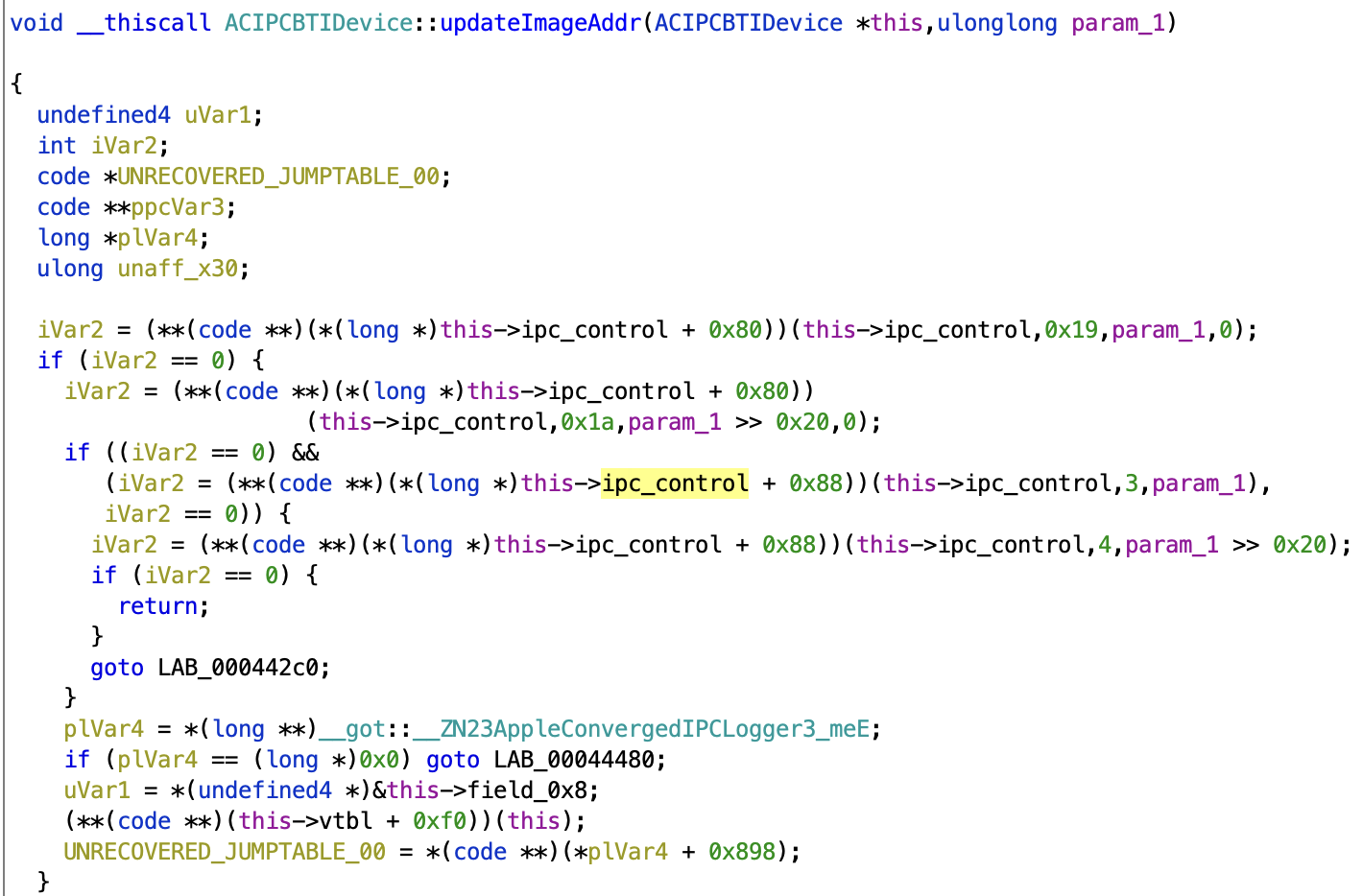 Screenshot of Ghidra showing ACIPCBTIDevice::updateImageAddr