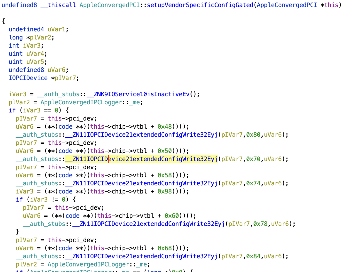 Screenshot of Ghidra showing AppleConvergedPCI::setupVendorSpecificConfigGated